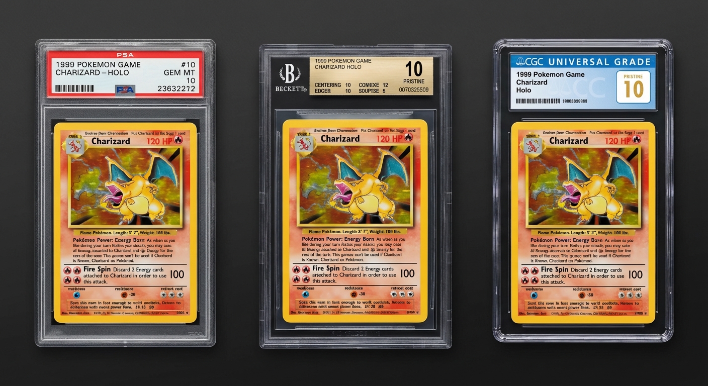 Side-by-side comparison of PSA, BGS, and CGC grading slabs showing different label styles