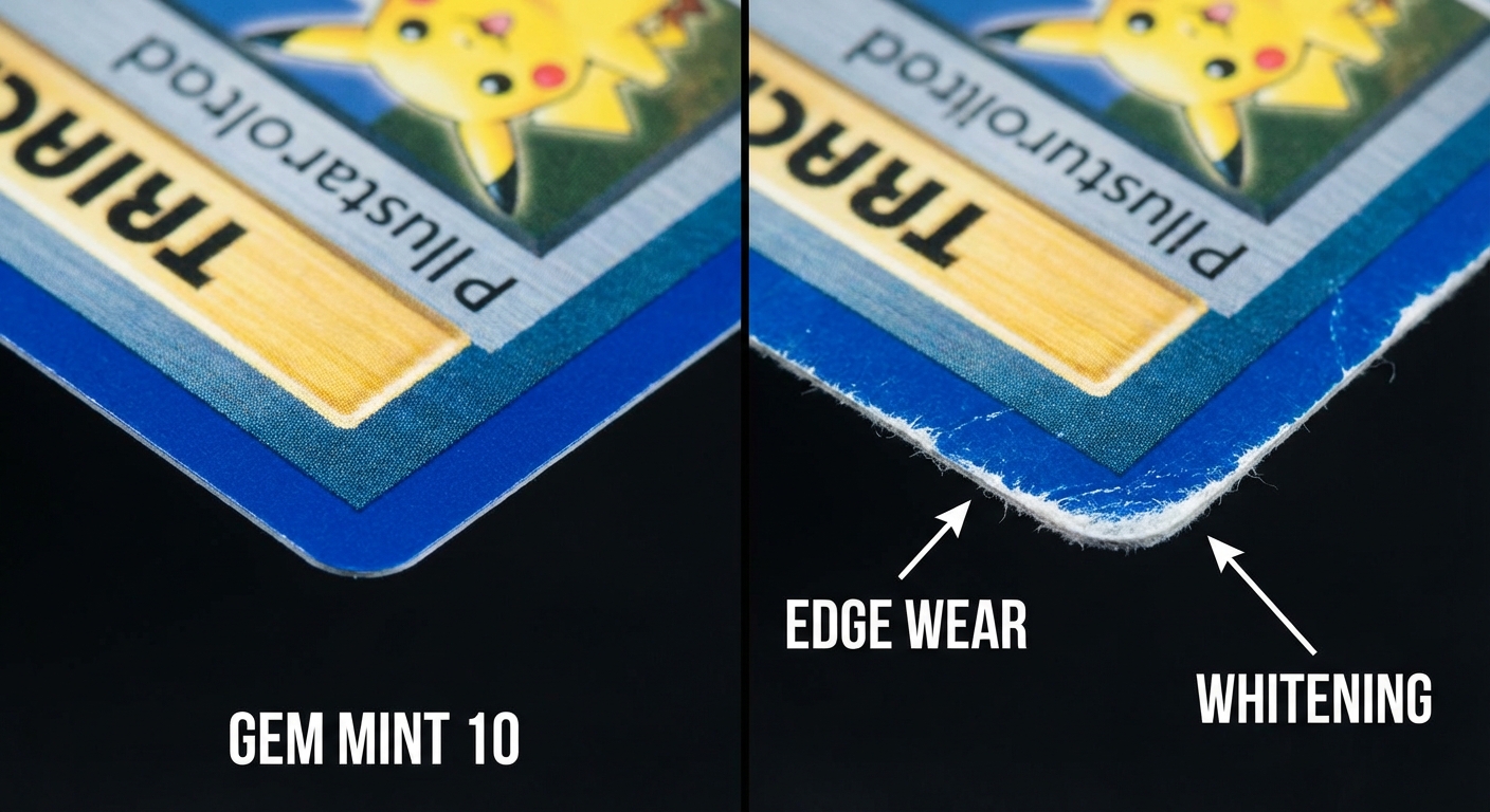 Macro close-up showing card corner whitening and edge wear damage comparison