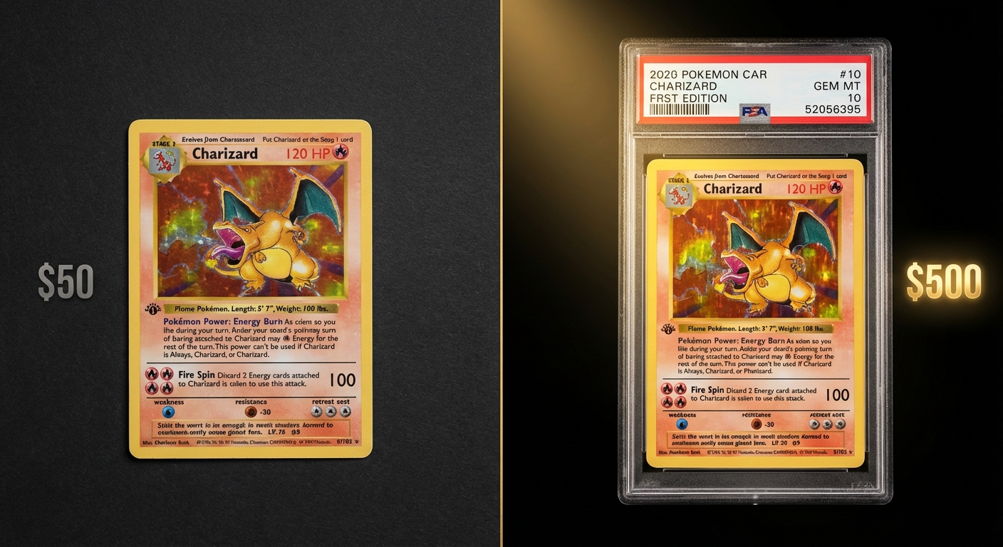 Before and after comparison showing raw card value vs PSA 10 graded value