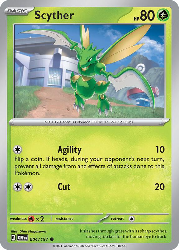 Scyther Pokemon card from SV03: Obsidian Flames