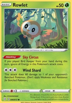 Rowlet Pokemon card from Shining Fates