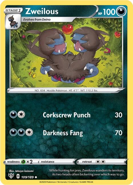 Zweilous Pokemon card from SWSH03: Darkness Ablaze