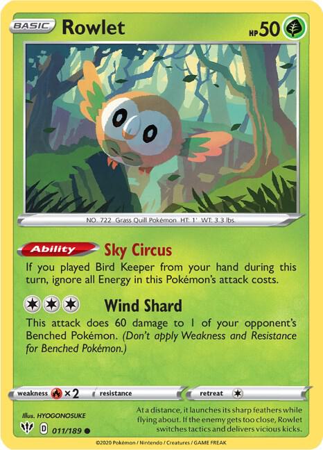 Rowlet Pokemon card from SWSH03: Darkness Ablaze