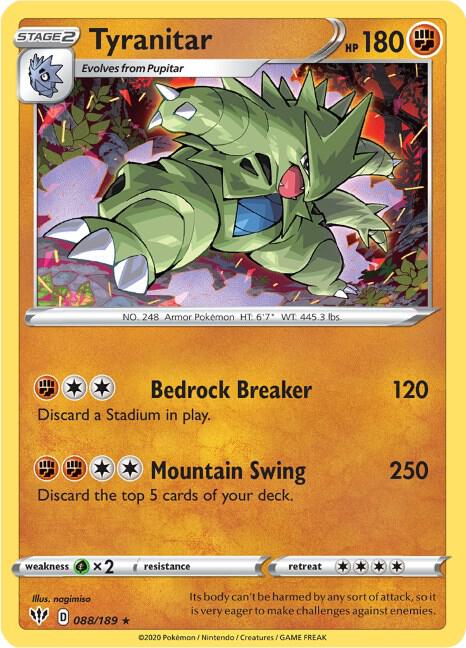 Tyranitar Pokemon card from SWSH03: Darkness Ablaze