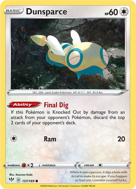 Dunsparce Pokemon card from SWSH03: Darkness Ablaze