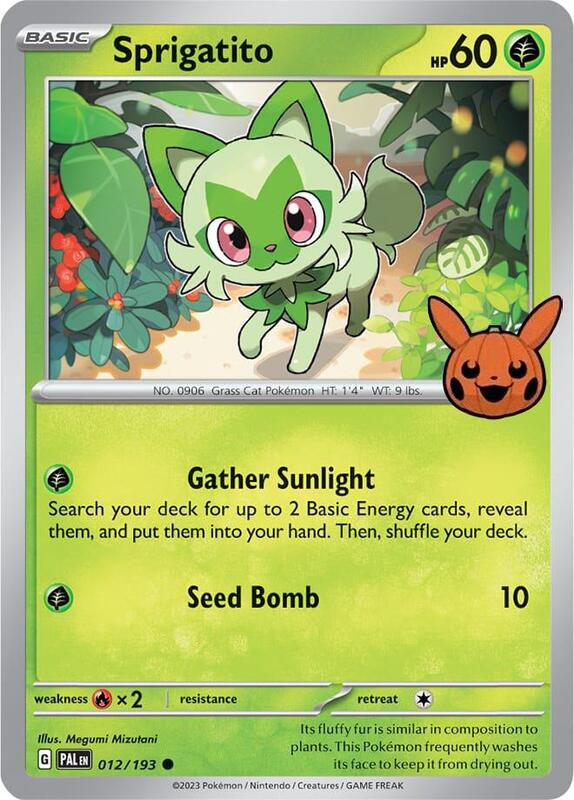 Sprigatito Pokemon card from Trick or Trade BOOster Bundle 2024