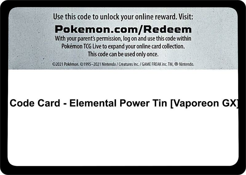 Code Card - Elemental Power Tin [Vaporeon GX] Pokemon card from TCG: Tempest
