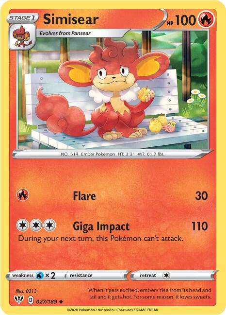 Simisear Pokemon card from SWSH03: Darkness Ablaze