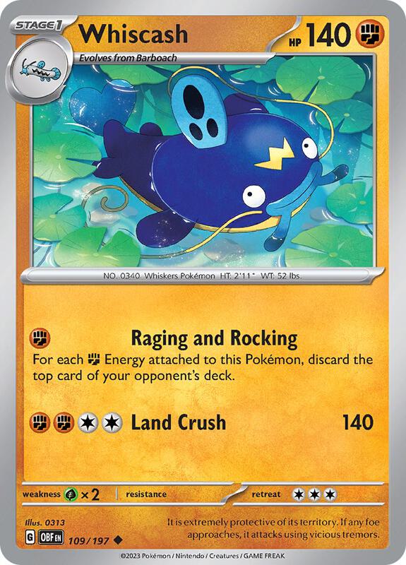 Whiscash Pokemon card from SV03: Obsidian
