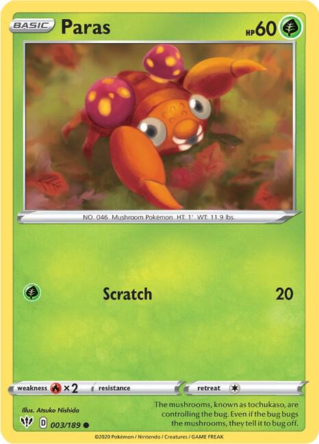 Paras Pokemon card from SWSH03: Darkness Ablaze