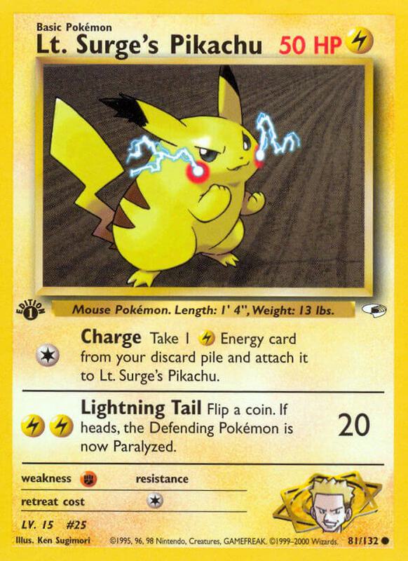 Lt. Surge's Pikachu Pokemon card from Gym Heroes