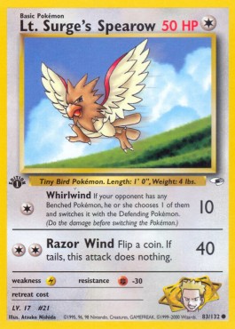 Lt. Surge's Spearow Pokemon card from Gym Heroes